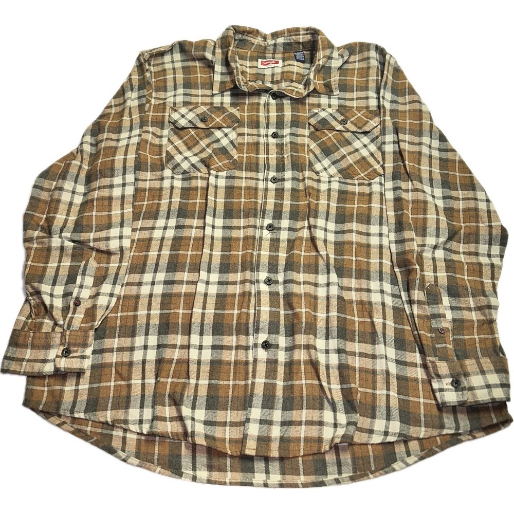 Wrangler Flannel Shirt Mens 2XL Brown Paid Long Sleeve Button‎ Up Western Cowboy